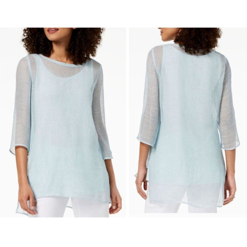 Eileen Fisher Women's Tunic Top XXS Blue Sheer Linen Lightweight Boho cover up